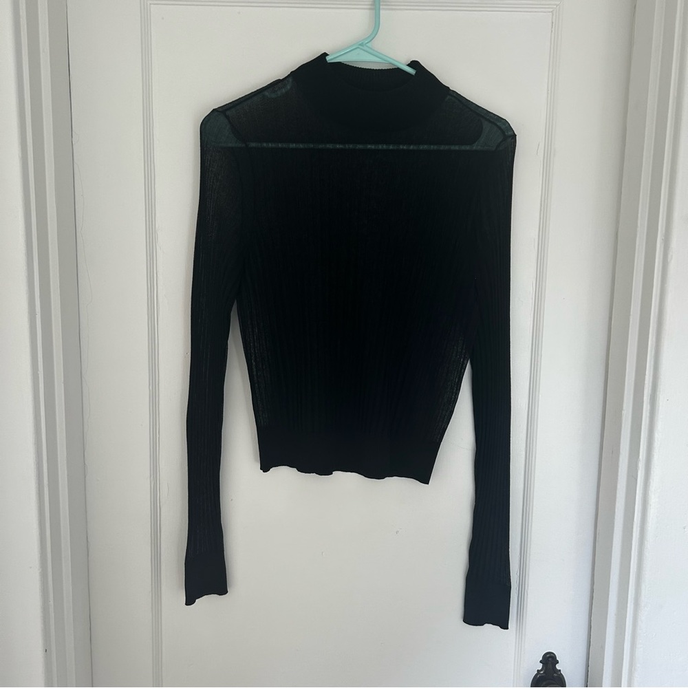 Sheer Ribbed Mock Neck Long Sleeve Top - Black